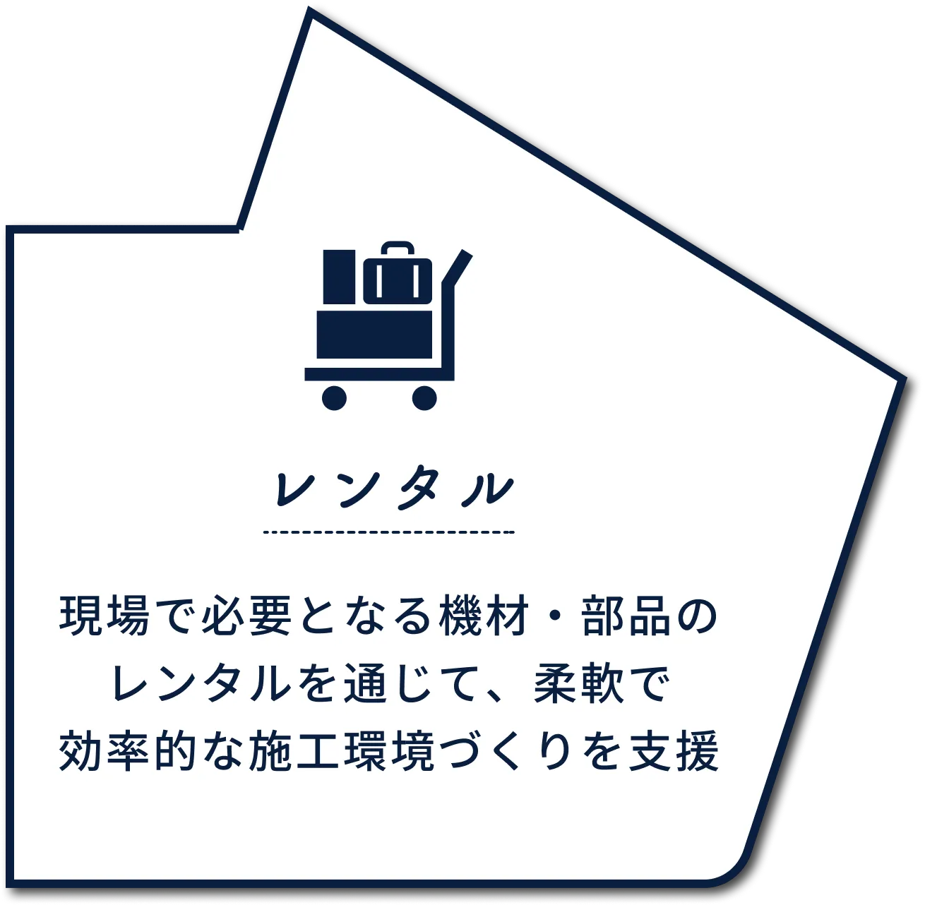 レンタル：現場で必要となる機材・部品のレンタルを通じて、柔軟で効率的な施工環境づくりを支援